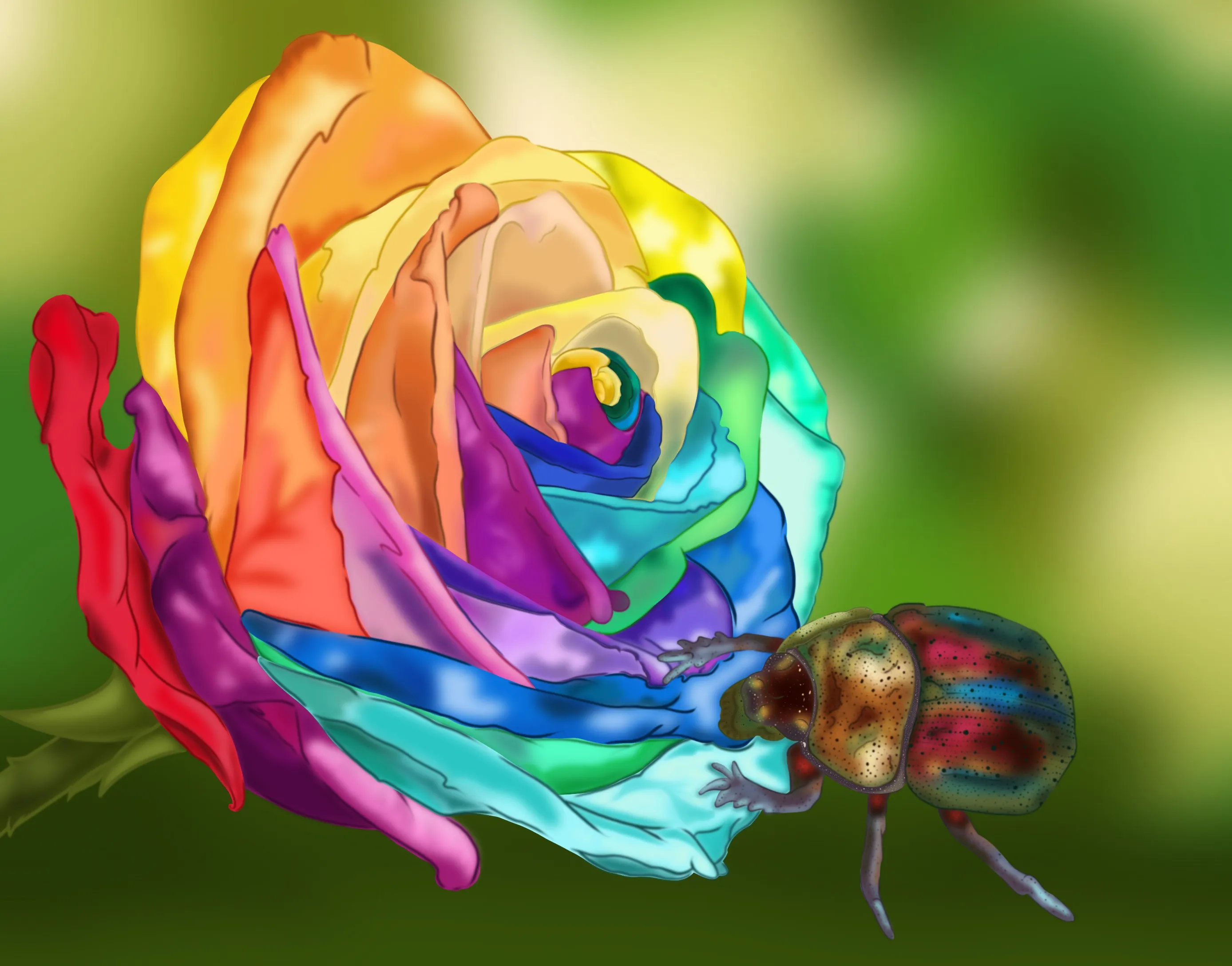 Illustration rose multicolore et scarabée
